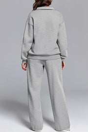 Solid Color Long-sleeved Lapel Sports Sweatshirt and Elastic Waist Casual Pocket Pants Set