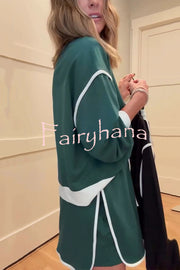 Fashion Round Neck Long Sleeve Spliced Casual Top and Elastic Waist Loose Shorts Set