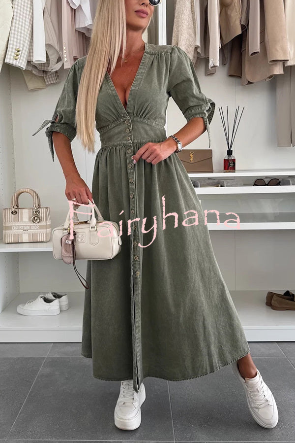 Solid Color V-neck Button-down Denim Midi Dress
