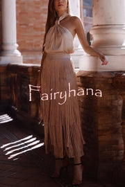 Elegant Tassel Hem Elastic Waist Casual Maxi Skirt