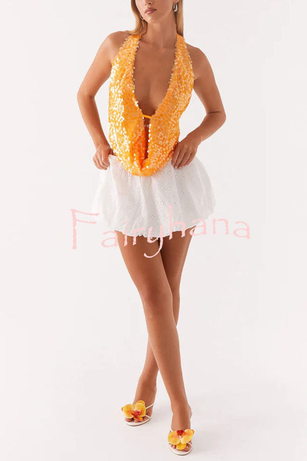 Mermaid Princess Sequins Cowl Neck Halter Backless Top