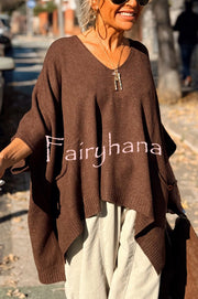 Fashion V-neck Loose Pocket Mid-length Knitted Sweater