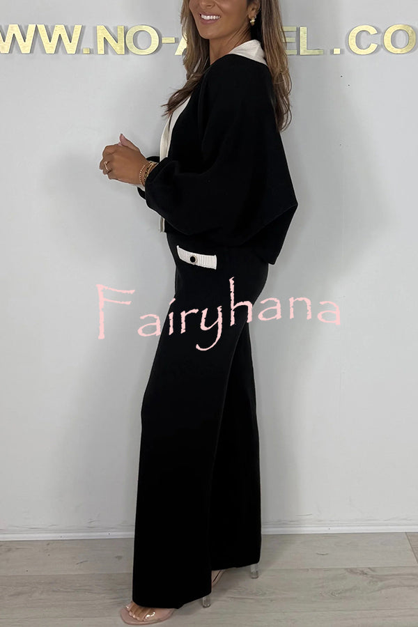 Fashion Contrast Color V-neck Loose Cardigan and Elastic Waist Casual Pants Set