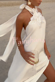 Floral Embellished Satin Halterneck Backless Resort Maxi Dress