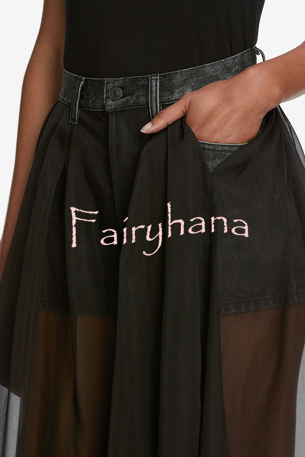 Avant-garde Fashion Denim Flowing Organza Patchwork Pocketed Wide Leg Jeans