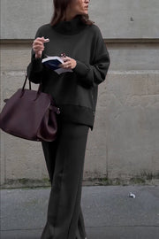Double Soft Turtleneck Side Zipper Sweatshirt and Elastic Waist Pocketed Loose Pants Set