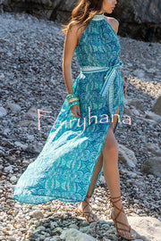 Unique Print Sexy Off-the-shoulder Waist Tie Slit Holiday Midi Dresses