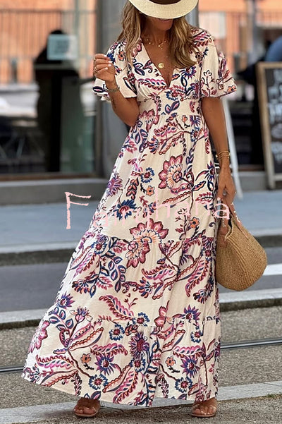 Unique Print V-Neck Waist Holiday Maxi Dress