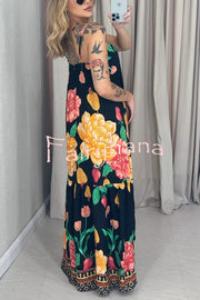 Floral Print Halter Back Loose Pocket Full Hem Maxi Dress