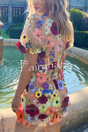 Garden Gala Embroidered Floral Applique Puff Sleeve Mini Dress