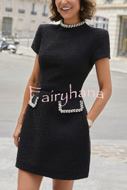 Exquisite and Playful Tweed Fabric Pearl Trim Short Sleeve Pocketed Mini Dress