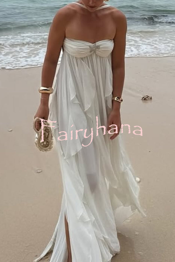 Resort Style Romantic Ruffles Open Back Stars Decorated Beach Maxi Dress