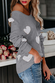 Stylish Color-blocked Heart-patterned Long-sleeved Loose Knit Sweater