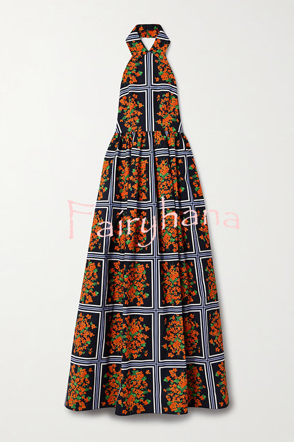 Floral Print Sexy Halter Neck Backless Elegant Maxi Dress