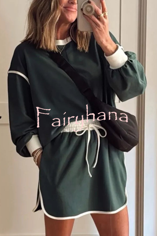 Fashion Round Neck Long Sleeve Spliced Casual Top and Elastic Waist Loose Shorts Set