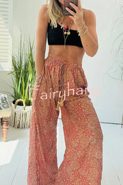 Vintage Boho Ethnic Print High Rise Elastic Drawstring Waist Pocketed Loose Pants