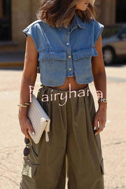 Stylish Weekend Denim Button Up Cape Sleeve Pocket Crop Top