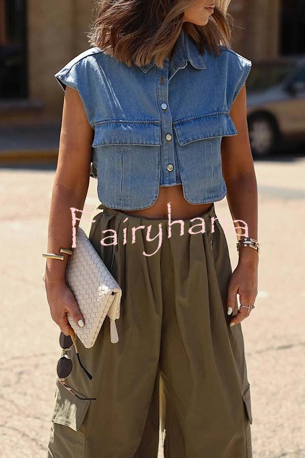 Stylish Weekend Denim Button Up Cape Sleeve Pocket Crop Top