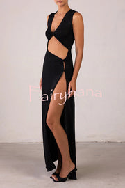 Beautiful Figure Shiny Knit Fabric Cutout Side Slit Stretch Vacation Maxi Dress