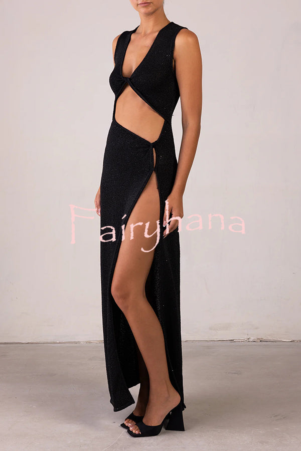 Beautiful Figure Shiny Knit Fabric Cutout Side Slit Stretch Vacation Maxi Dress