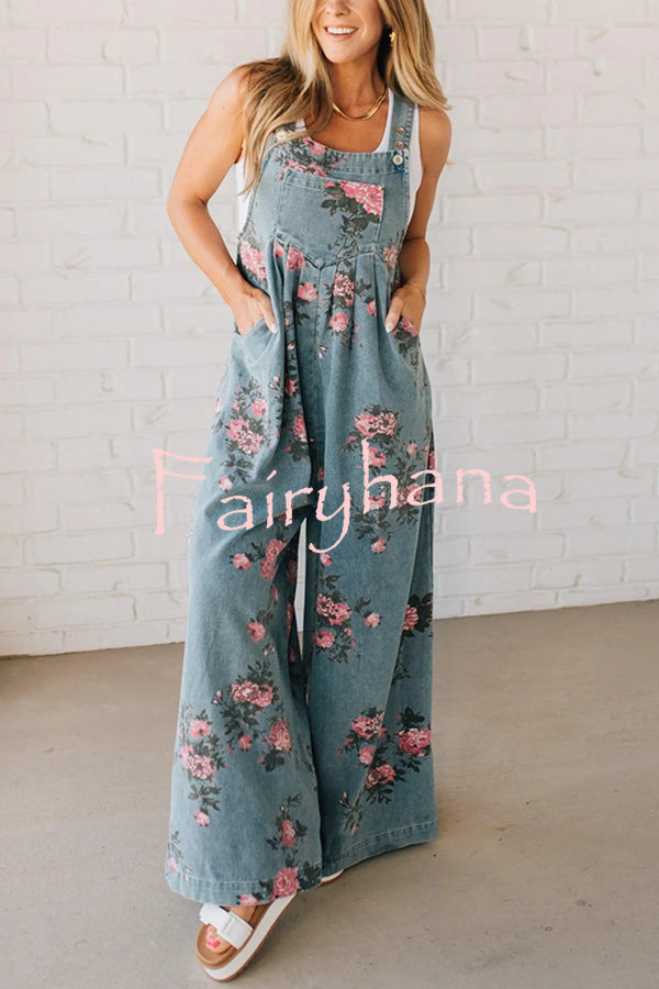 Fashion Floral Print Casual Button Pocket Loose Denim Overalls