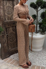 Solid Color Hollow Short Long-sleeved Top and Casual Stretch Wide-leg Pants Knitted Set