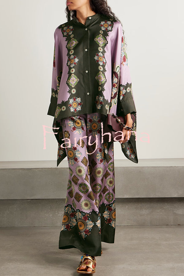 Satin Unique Print Loose Batwing Sleeve Top and Elastic Waist Pocket Casual Wide-leg Pants Set