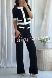 Fashionable Contrast Color Short-sleeved Button-down Top