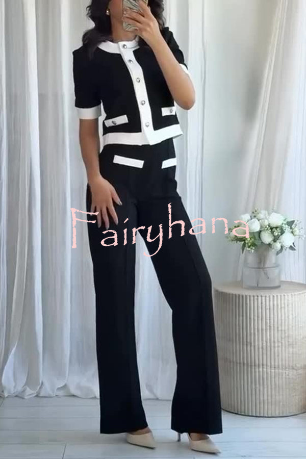Fashionable Contrast Color Short-sleeved Button-down Top