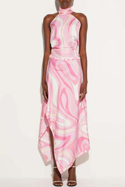 Ansela Satin Unique Print Halter Scarf Tank and Asymmetrical Maxi Skirt Set