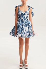 Garden of Eden Floral Print Bow Straps Princess Flared Mini Dress