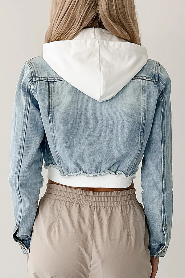 Fashionable Patchwork Hooded Casual Long-sleeved Denim Jacket