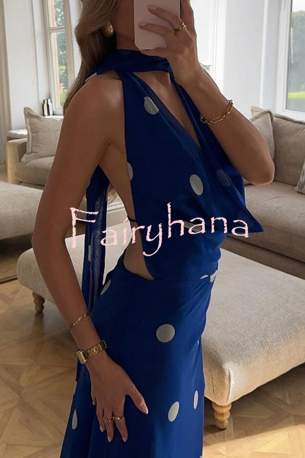 Fashion Polka Dot Print Sexy Halter Neck Backless Maxi Dress