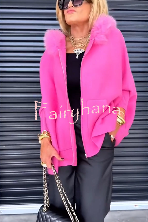 Warm Call Knit Long Sleeve Zipper Plush Hooded Pocket Loose Cardigan