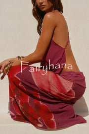 Sexy Deep V Backless Draped Camisole Top and Floral Print Chiffon Maxi Skirt Set