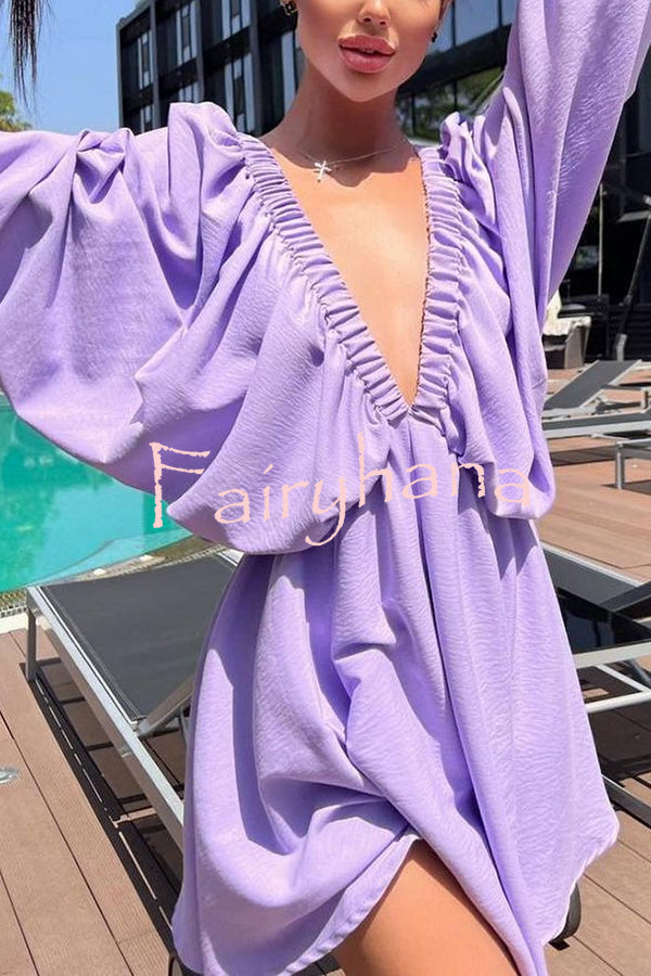 V Neck Puff Sleeve Solid Color Resort Style Mini Dress