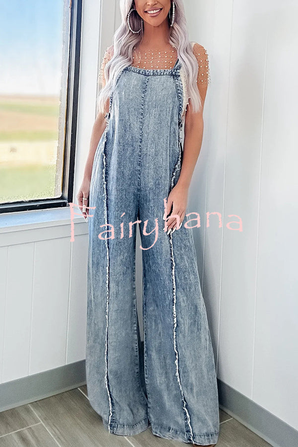 Vintage Washed Denim Raw Edge Elastic Waist Wide Leg Jumpsuit