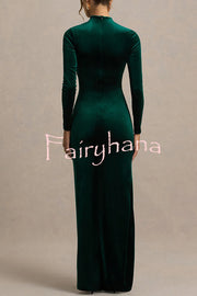 Wishes Velvet High Neck Long Sleeve Ruched Waist Wrap Slit Stretch Maxi Dress