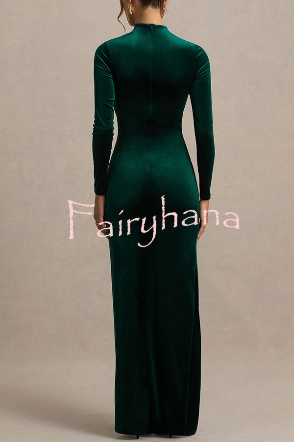 Wishes Velvet High Neck Long Sleeve Ruched Waist Wrap Slit Stretch Maxi Dress