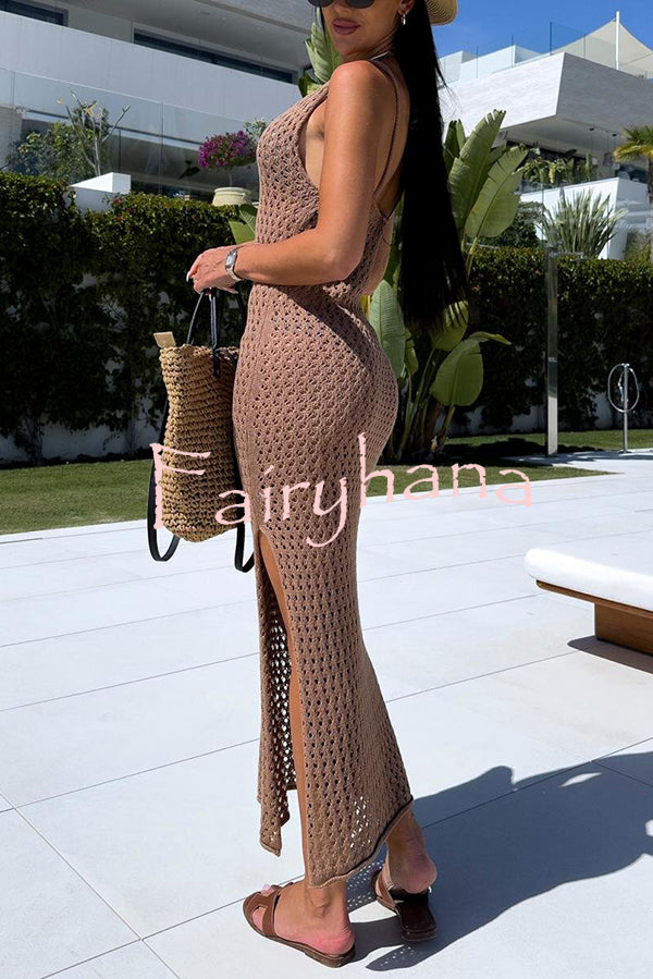 Solid Color V-neck Hollow Beach Knitted Cover-up Midi Dress