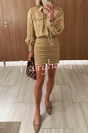 Soraya Epaulette Button Design Long Sleeve Ruched Hem Shirt Mini Dress