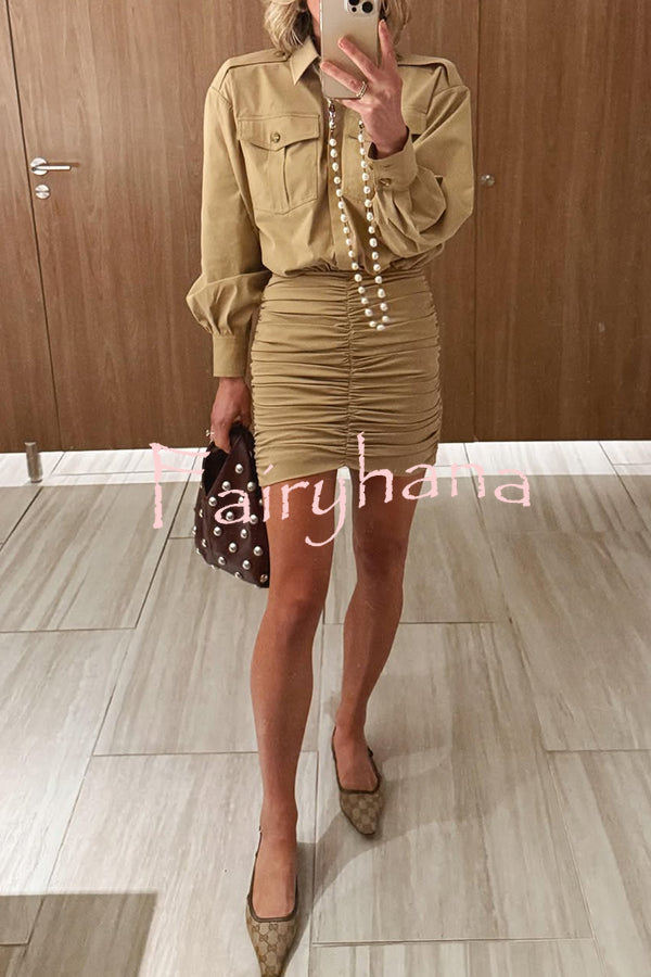Soraya Epaulette Button Design Long Sleeve Ruched Hem Shirt Mini Dress