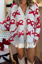 Santa Baby Knit Bow Color Block Button Up Long Sleeve Oversized Fit Cardigan