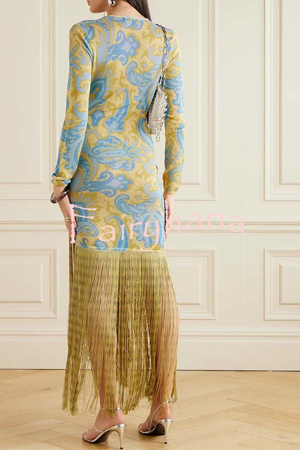 Golden Age Knit Paisley Print Long Sleeve Tassle Hem Maxi Dress