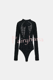 Anna Semi-sheer Lace Long Sleeve Back Bow Tie-up Cutout Stretch Bodysuit