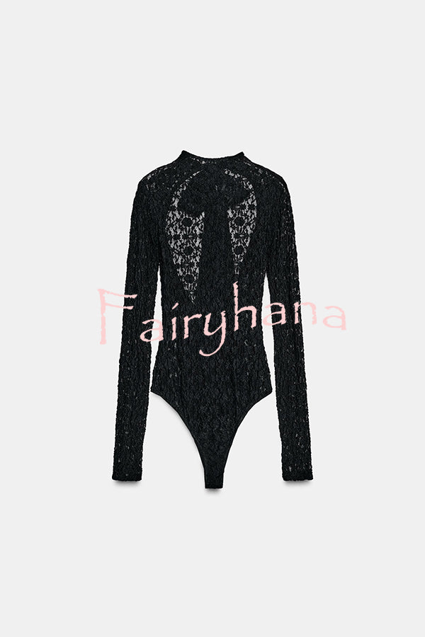 Anna Semi-sheer Lace Long Sleeve Back Bow Tie-up Cutout Stretch Bodysuit