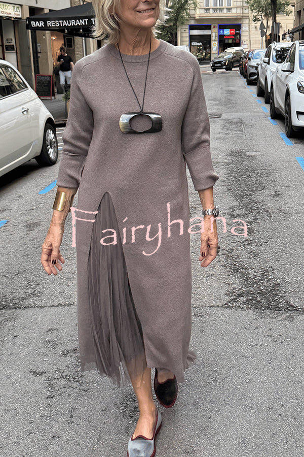 Jollie Knit Long Sleeve Front Slit Midi Sweater and Pleated Tulle Stretch Tank Midi Dress Two-piece Set