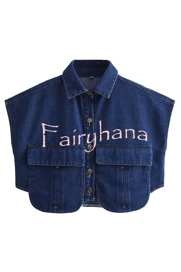 Stylish Weekend Denim Button Up Cape Sleeve Pocket Crop Top