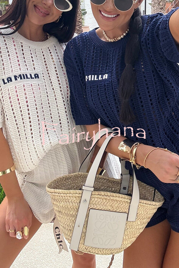 Fashionable Hollow Knit Short-sleeved Top and Elastic High-waist Casual Shorts Set