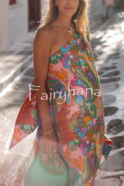 Rainbow Breeze Satin Unique Print Bow One Shoulder Loose Maxi Dress